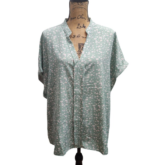 Floral Print Blouse 3XL Green White V-Neck Short Sleeve Oversized Top - Picture 1 of 5